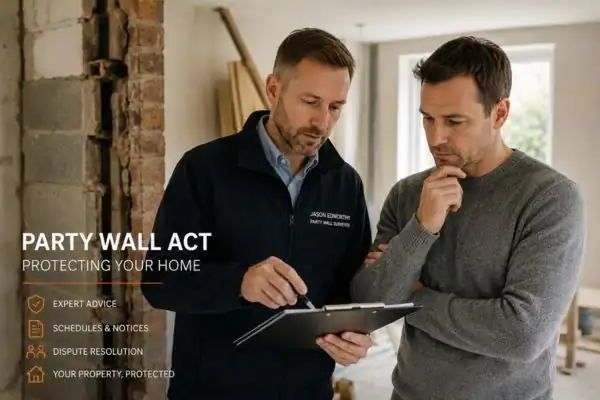 Party wall surveyor Daventry discussing extension plans with homeowner outside a UK semi-detached house.